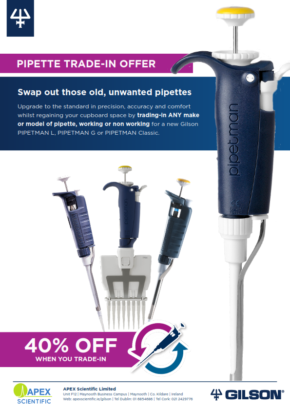 Swap out those old and unwanted pipettes. Upgrade to the standard in precision, accuracy and comfort whilst regaining your cupboard space by trading-in ANY make or model of pipette, working or non working for a new Gilson PIPETMAN L, PIPETMAN G or PIPETMAN Classic. [...]